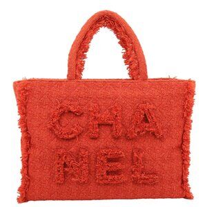 Chanel  Giant Logo Tweed Shopping Tote Bag Red